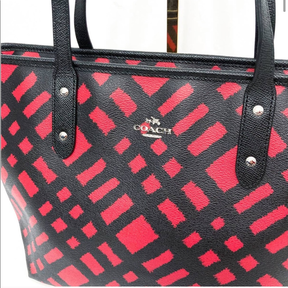 Coach Red Wild Plaid City Zip Tote Bag